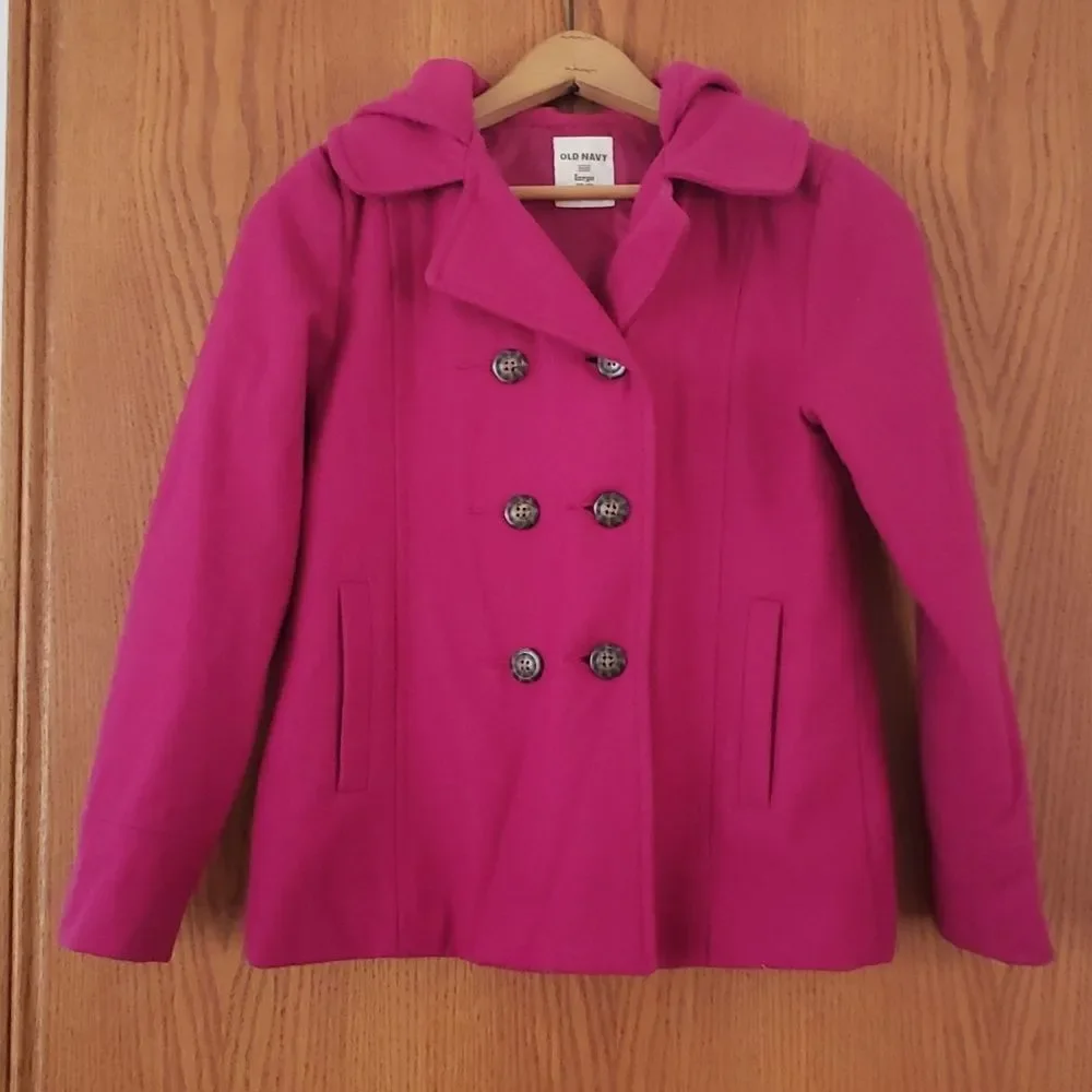 EUC Girls Old Navy Fuschia Hooded Wool Blend Winter Coat Jacket Sz  L (10-12)